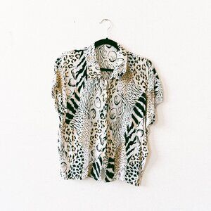 Vintage 90s/Y2K Animal Print Blouse – Textured Mixed Prints, Short Sleeve (M/L)
